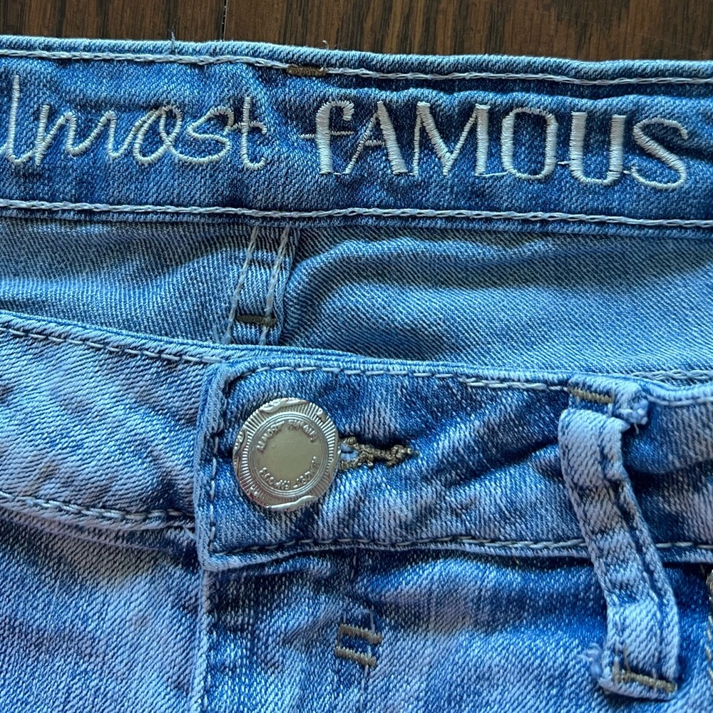 Almost Famous Distressed Blue Jean Shorts Juniors Size 5 Low rise 28x2 cutoff - Picture 2 of 10